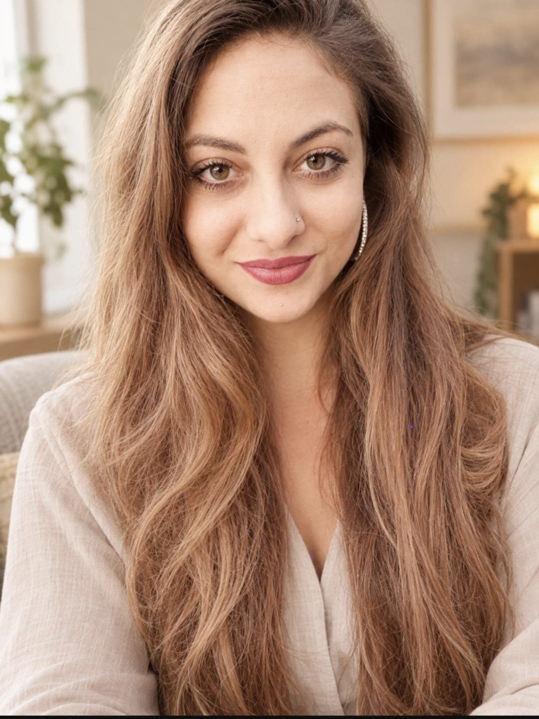 Veronica Kyriacou, psychotherapist, smiling in a warm, softly lit room